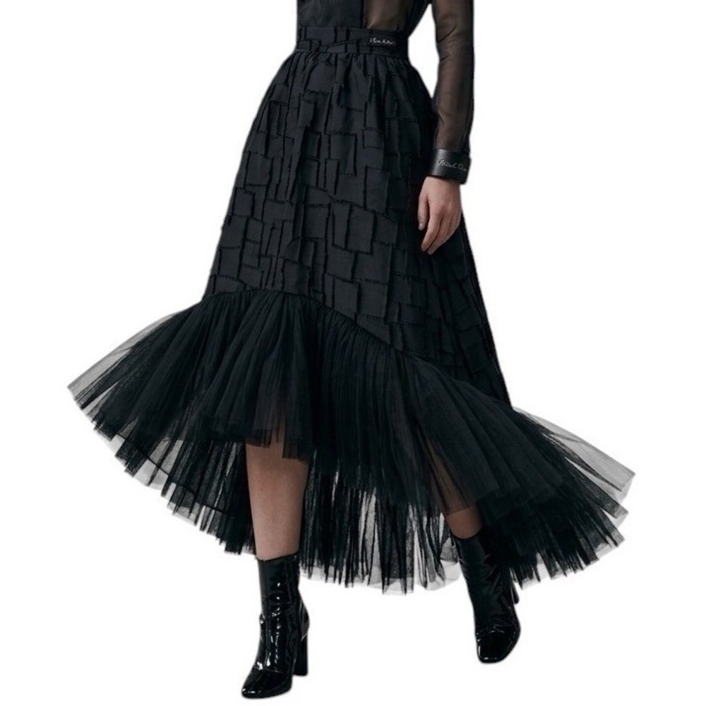 Poca & Poca Black Textured High-Low Tulle Ruffle Luxury Skirt Made in Poland S